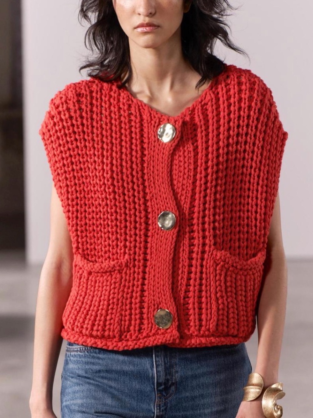 Zara Chunky Knit Red Button-Up Sweater Vest